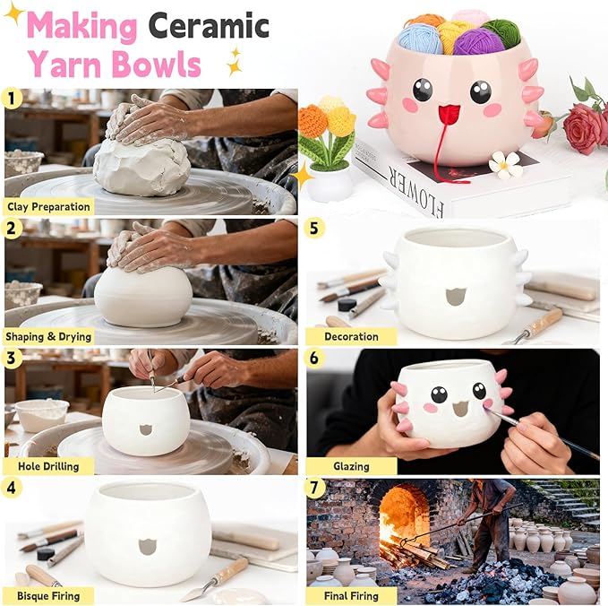 Coopay Axolotl Yarn Bowl for Crocheting/Knitting, Cute Bowl with 14 Pcs Yarn, Large Size Crochet Organizer for Beginners