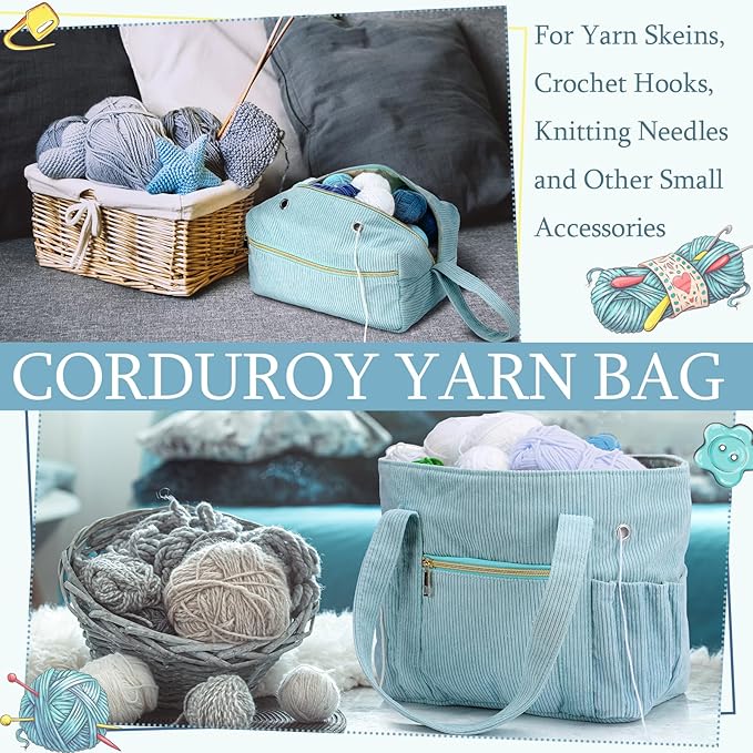 Bulyoou 2 Pcs Crochet Bag and Tote Set Corduroy Yarn Bag Crochet Tote Bag for Crochet Hooks Organizer Yarn Holder for Crochet Lovers Knitting Bag Crochet Accessories(Blue)