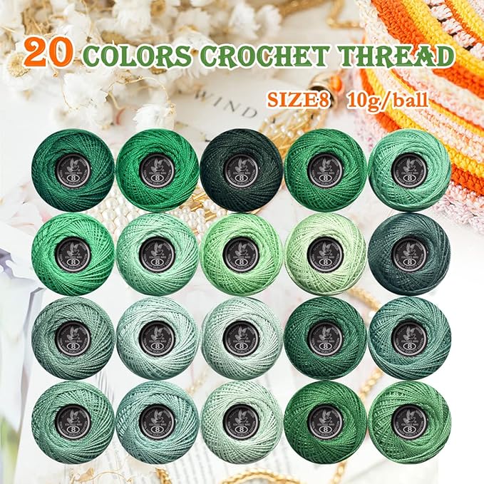 Soft 20 Colors Classic Crochet Thread 20 Pack,100% Cotton (Emerald Green-562-3818)