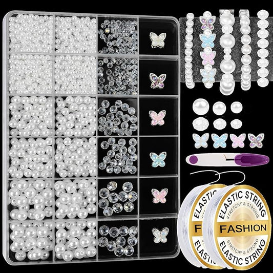 1266 Pcs Pearl Beads for Bracelet Making Kit Butterfly Crystal Beads for Jewelry Making White Pearl Bracelet Bead Charms Necklace Earrings DIY Craft for Women Adult Pearls Bead for Crafting