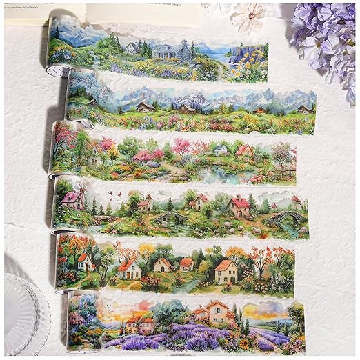 Kesari PET Tape Stickers for Scrapbooking Supplies,6 Rolls Landscape Cottages Tape Scrapbook Stickers for Journaling Supplies, DIY Crafts(Beauty)
