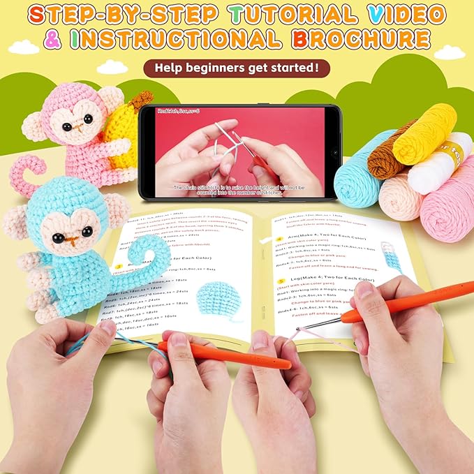 Fortuning's JDS Crochet Kit for Beginners - 2 PCS Monkey with Banana Crochet Kits with Step-by-Step Video Tutorials, Beginner Crochet Kit for Adults, Crochet Monkey Kit (Blue & Pink)
