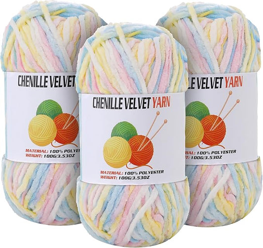 3 * 100g Velvet Chenille Chunky Yarn for Crocheting, Handcrafts Weaving Soft Chenille Yarn for Crocheting Clearance, Used for Making Baby Yarns Blanket, Clothes, Knitting Creations (Colorful - C)