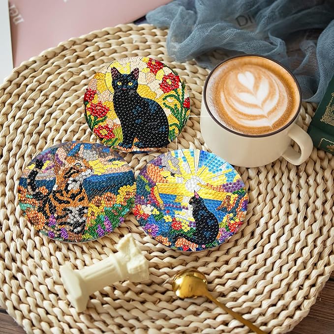 igoodom 8 Pcs Cat Diamond Art Coasters Kit with Holder, DIY Cat Diamond Painting Coasters for Beginners Adults, Non Slip Diamond Art Kits Craft Supplies 4x4inch