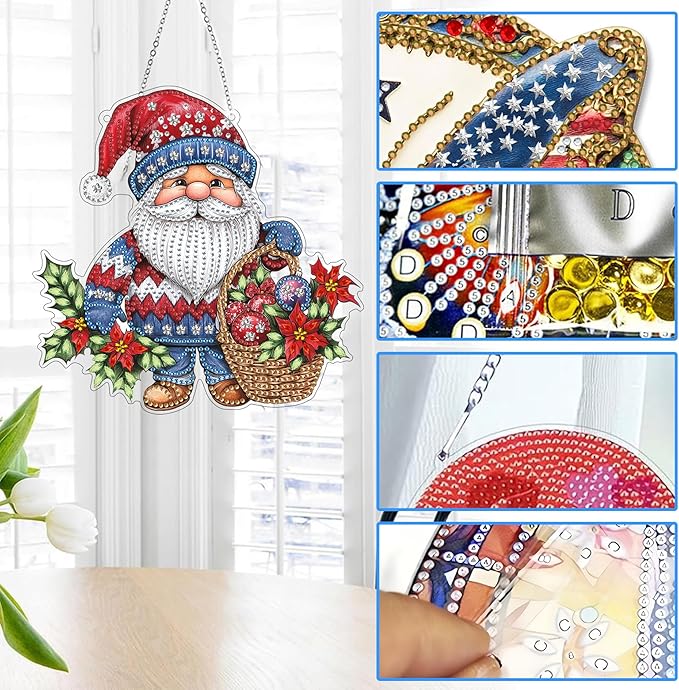 Reofrey Hanging Diamond Art Kits for Adults - 8x8 Inch Christmas Gnome Acrylic Board Double Sided Pattern Diamond Art Suncatcher Pendant, Crystal Art for Home Wall Window Decoration Handmade Gift