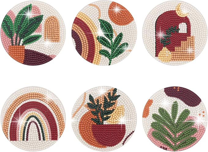 Temlum 6 Pcs Diamond Painting Coasters Kit, Abstract Plant Diamond Art Coasters for Beginners, Adults Small Diamond Painting Kit Art Craft Supplies