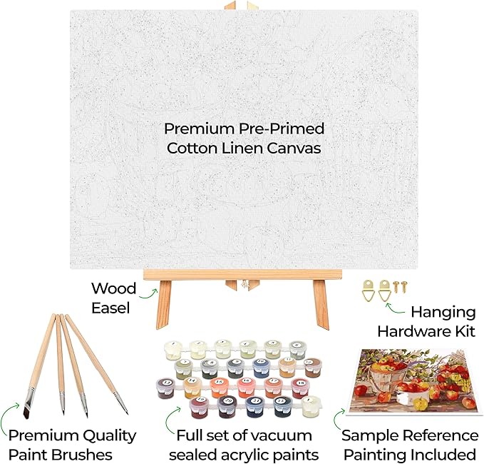 Ledgebay DIY Paint by Numbers Kit for Adults Framed Canvas Beginner to Advanced Paint by Numbers Kit, Kits Include Acrylic Paint Set, Brushes & Tabletop Easel (Apple Harvest 12" x 16" Framed)