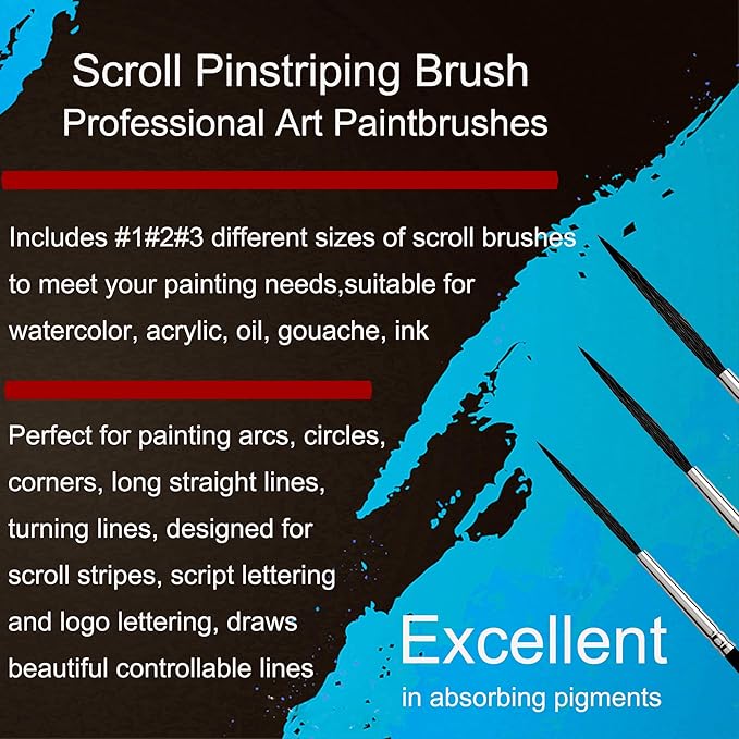 Scroll Pinstriping Brush,3 PCS High Performance Script Pinstripe Brushes,Made from A Blend of Squirrel Hair, Wool and Nylon，Professional Art Paintbrushes,Suitable for Artists and Beginners