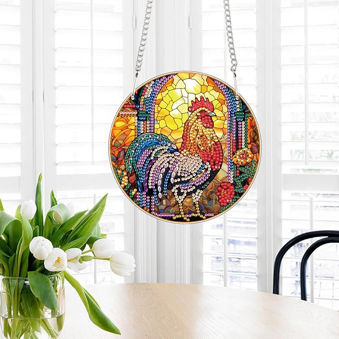 AiYuanzsh DIY 5D Diamond Art Hanging Pendant, Rooster Acrylic Rhinestone Ornament for Wall Door Window Decor, Diamond Painting Animal Craft Gift for Home or Christmas Decoration