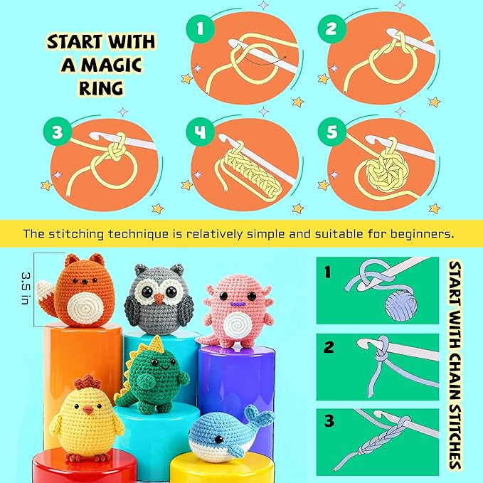 Joyclub 6 Pcs Crochet Kit for Beginners Crochet Starter Kits for Adults and Kids Great Birthday Gifts for Crocheting Lovers with Step by Step Video Amigurumi Animal Family Knitting Kit DIY Craft