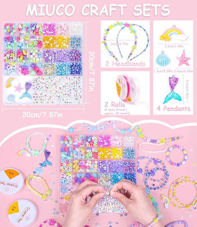 miuco bracelet making kit for girls - cute beads for jewelry making kit with charms - arts and crafts for make necklaces - birthday gifts for kids girls ages 5 6 7 8 9 10 11 12 macarons