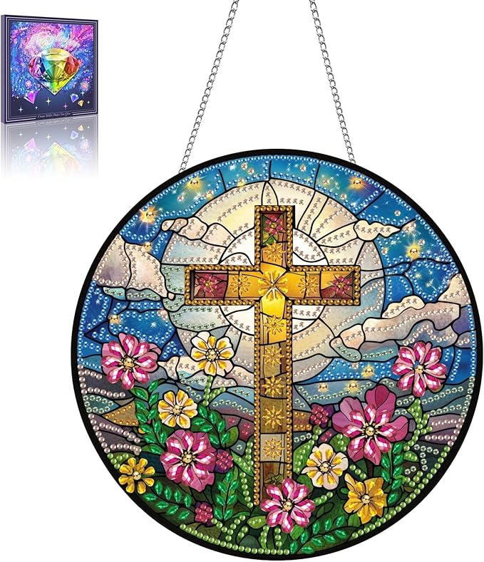Wergund 5D DIY Cross Religion Diamond Art Hanging Kits, Hanging Diamond Art Flower, Acrylic Special Shaped Rhinestone, Window Hanging Pendants for Home Wall Garden Front Door Outdoor Decor Gift