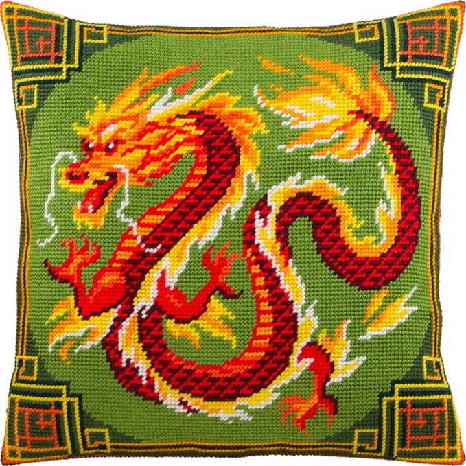 Brvsk Oriental Embroidery Kit for Adults and Beginners — Chinese Dragon 16″ × 16″ with Clear, Precise Printed Design on Cotton Canvas; Includes 2 Needles, Yarn, and Easy-Read Chart