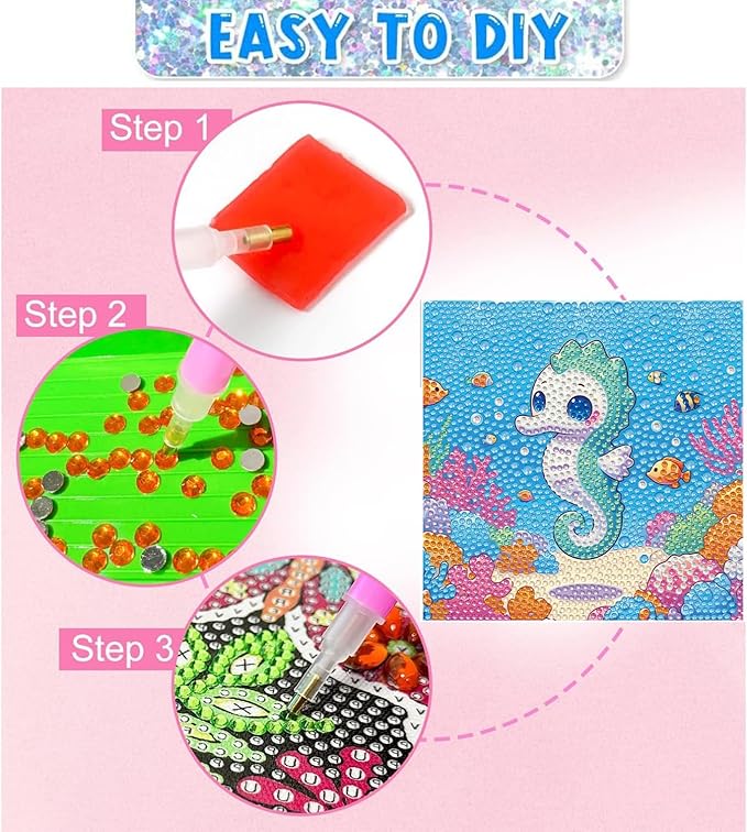 Dlylust Diamond Painting Kits for Kids Beginner - 4 Pack DIY 5D Full Drill Diamond Art Kits for Children, Cute Animals Round Crystal Rhinestone Gem Art Crafts Home Wall Art Decor 5.9 x 5.9 Inches