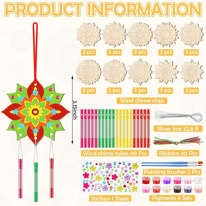 JellyArch 30 Pack Spring Mandala Wind Chime Making Crafts Kit for Adults, Make Your Own Wind Chime Bulk Wooden Hanging Ornaments for DIY Activity Birthday Summer Decoration
