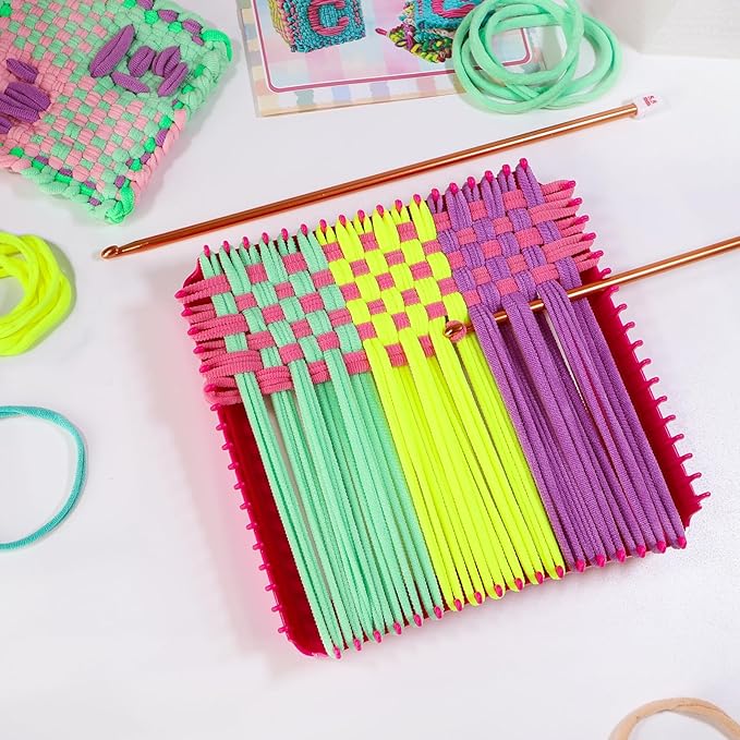weaving loom kit-includes 2 pcs 7" potholder frame,400 pcs weaving loom loops,2 long crochet hooks and bag-potholder loom knitting kits and gifts for beginners, make 11 masterpieces