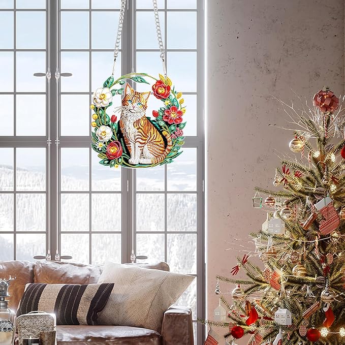 Flower Birdcage Design DIY Diamond Art Painting Wreath Kits Special Shaped Rhinestone Diamond Art Window Pendants Home Garden Wall Hanging Kits (Single Side Point Drill) (#11-Cat) (#11-Cat)