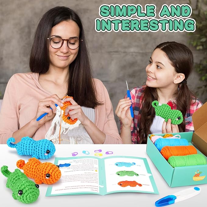 Fortuning's JDS Crochet Kit for Beginners - 3 PCS Baby Chameleon Crochet Kits with Step-by-Step Video Tutorials, Beginner Crochet Kit for Adults Kids, Chameleon Crocheting Set