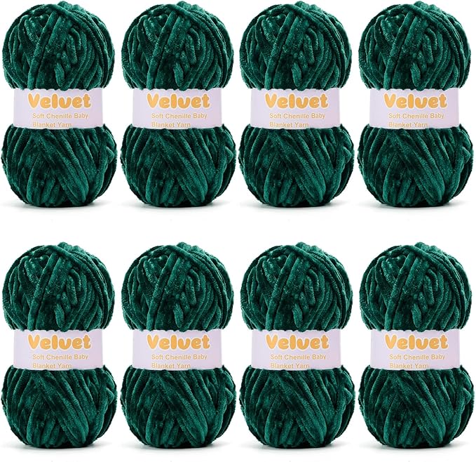 Velvet Yarn Chenille Yarn for Crocheting and Knitting Soft Chenille Bulky Baby Blanket Yarn DIY Weaving Craft 8pack Dark Green(4oz 66yds Each)