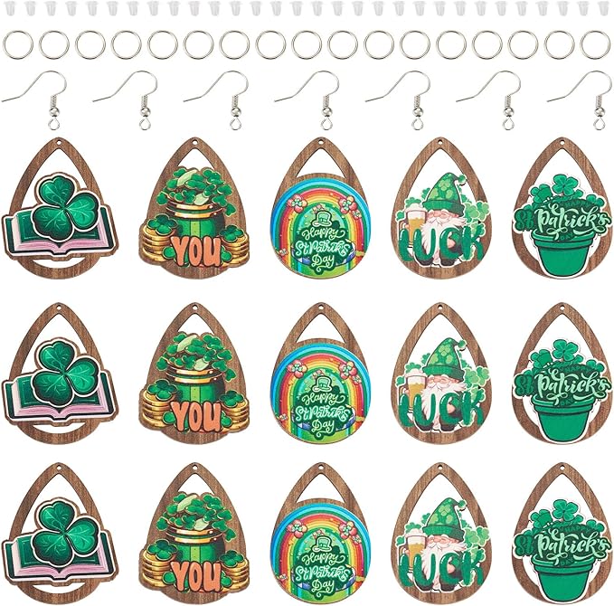Beadthoven 10 Pairs DIY St Patrick’s Day Wood Dangle Earrings Making Starter Kit Green Shamrock Pendants Clover Hollow Teardrop Charms Ornaments Earring Hooks Jump Rings for Irish Jewelry Making Adult