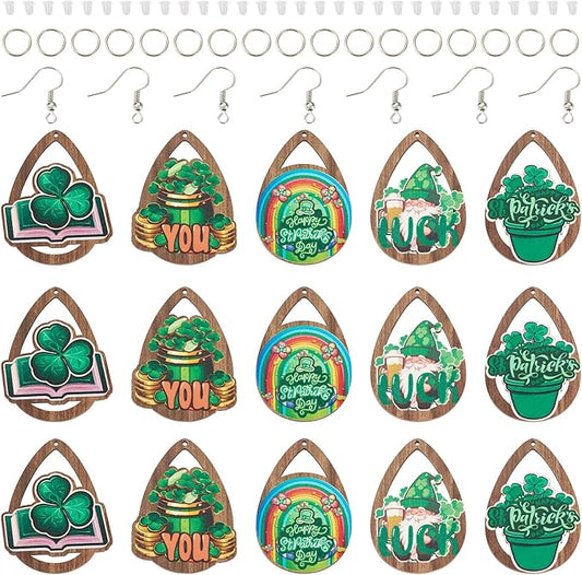 Beadthoven 10 Pairs DIY St Patrick’s Day Wood Dangle Earrings Making Starter Kit Green Shamrock Pendants Clover Hollow Teardrop Charms Ornaments Earring Hooks Jump Rings for Irish Jewelry Making Adult