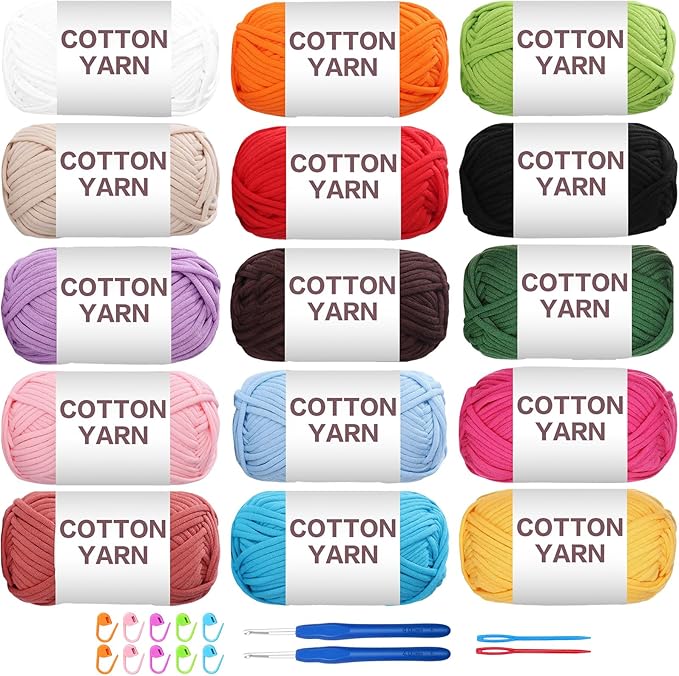 SIMEIQI 15×50g Beginners Yarn Kit for Crocheting and Knitting,Cotton Nylon Blend Yarn for Hand DIY Bag Basket Dolls and Cushion A