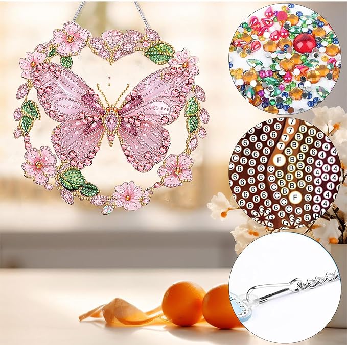 Bimkole Pink Butterfly Diamond Art Hanging Kit for Adult, DIY 5D Flowers Diamond Art Painting Window Pendant, Acrylic Crystal Art Hanging Ornament for Wall Home Garden Front Door Decor - 7.8x7.8 Inch