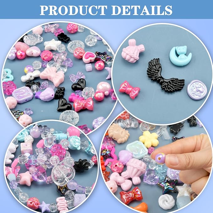 ABONDEVER 245-300Pcs Assorted Acrylic Beads for Bracelets Making Cute Star Bow Flower Candy Heart Gummy Bear Butterfly Aesthetic Beads for DIY Jewelry Crafts Keychain Necklace Phone Charms(5 Colors-B)
