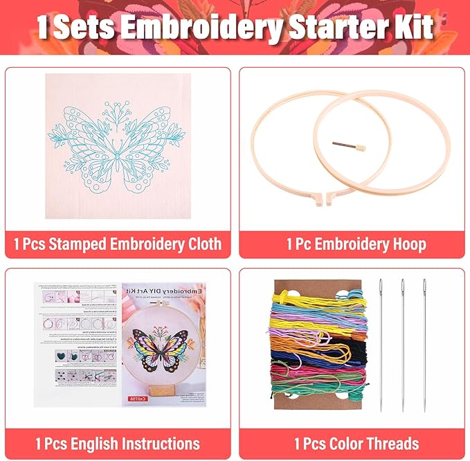 3Pcs Butterfly Flower Pattern Embroidery Kit, Cross Needlepoint Set, Hand Stamped Pre-Printed Fabric with Embroidery Tools, Stitch Practice Kit for Beginners, Adults, DIY Home Decor, Embellishment
