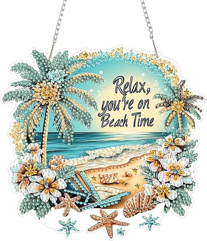 AIBOERL Diamond Art Hanging Kit for Adult,Special Shaped Rhinestone,Double Sided 5D DIY Acrylic Diamond Art Painting Window Pendants Home Garden Wall Hanging Kits Hanging Ornament (Beach)