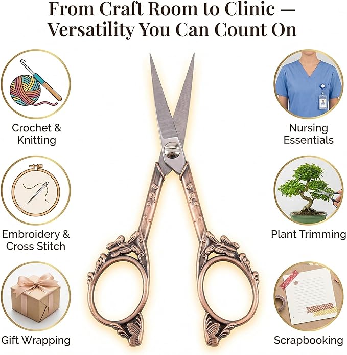 Crochet Scissors with Cover – Rose Gold Vintage Small Embroidery Scissors, Sharp Craft Scissors for Yarn Thread Sewing Needlework, Cute Butterfly Design Gift for Crocheter Quilter, 4.6 Inch