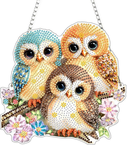 Lxmsja DIY 3 Cute Owls Diamond Painting Hanging Ornament, Double-Sided Acrylic Pink Flowers Diamond Art Kit, Special Shaped Suncatcher Hanging Pendant Window Art Kit 8x8 inch