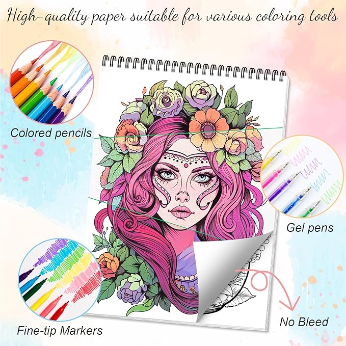 3Pcs Coloring Books for Adults Relaxation, 72 Patterns Sugar Skull Coloring Book for Adults, Mandala Coloring Book for Women, Spiral Coloring Books for Women Spiral Bound Printed On One Side