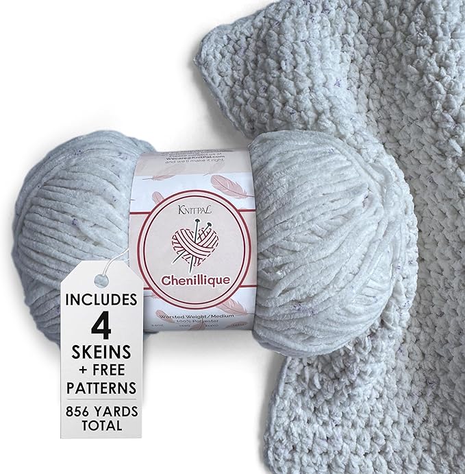 Chenillique Velvet Chenille Yarn for Crocheting, 4-Pack (856Yds / 400G), Free Patterns, Beginners Friendly - Soft Baby Yarn for Knitting Baby Blanket - #4 Medium Worsted Weight - Snow Patels