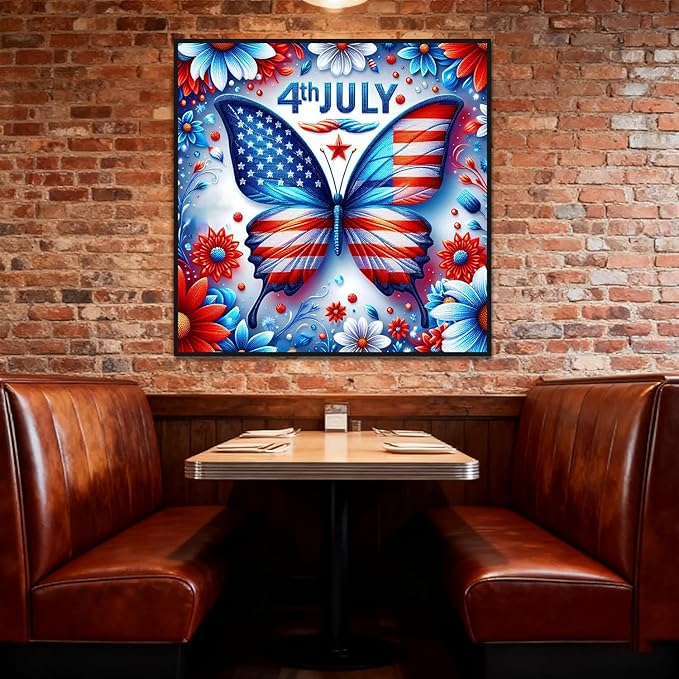 igoodom July 4th Diamond Art Kits for Adults, Independence Day Diamond Painting Kit, Full Drill Round Butterfly Diamond Art Kits, DIY Gem Art and Crafts for Home Wall Decor Gift 14x14inch