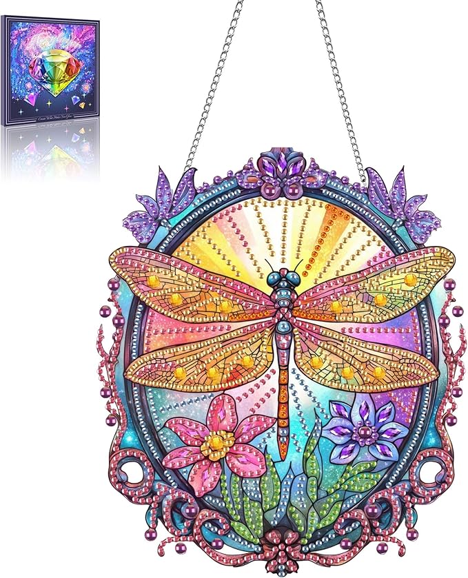 Wergund 5D DIY Dragonfly Diamond Art Hanging Kits, Hanging Diamond Art Flower, Acrylic Special Shaped Rhinestone, Window Hanging Pendants for Home Wall Garden Front Door Outdoor Decor Gift(Dragonfly)