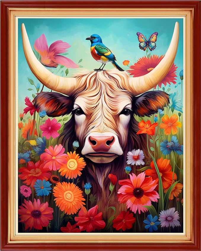 foxhool stamped cross stitch kits,11ct printed cross stitch pattern full embroidery kits for beginner needlepoint kits-flower colored cow 16x20 inch