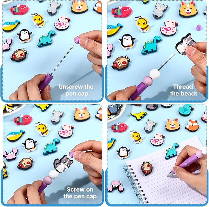 Humyoun 122 Pcs Silicon Focal Beads for Pens Set Include 12 Beadable Pens and 110 Silicone Focal Beads for Keychains DIY Making Bracelet Supplies
