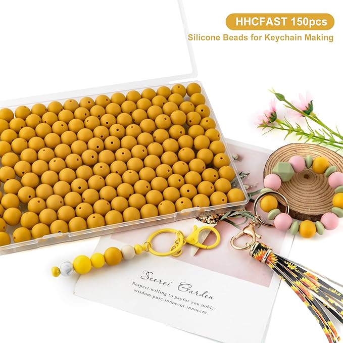 150Pcs 15mm Silicone Beads for Keychain Making Bracelet Necklace, Bulk Round Silicone Beads for Pens(Mustard Yellow)