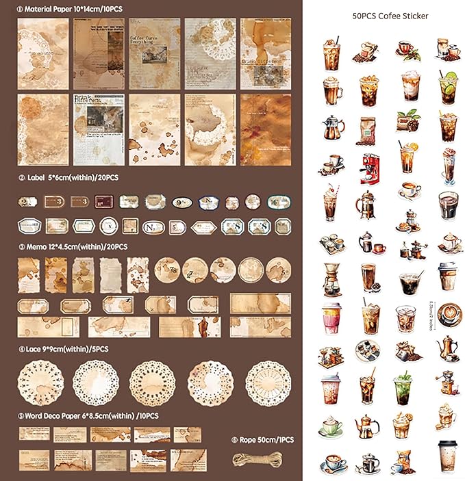 115 Pieces Coffee Drink Scrapbook Supplies Pack, Vintage Decorative Craft Paper Aesthetic Vinyl Stickers Ephemera for Bullet Junk Journal Planner Album Decoupage Collage