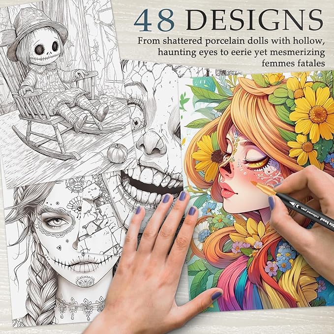 Adult Coloring Book for Women Relaxation, Spiral Bound Mindfulness Coloring Book with 24 Colors Markers for Adult, Anxiety Relief Gifts with 48 Pictures (Scare Doll & Sugar Skull)