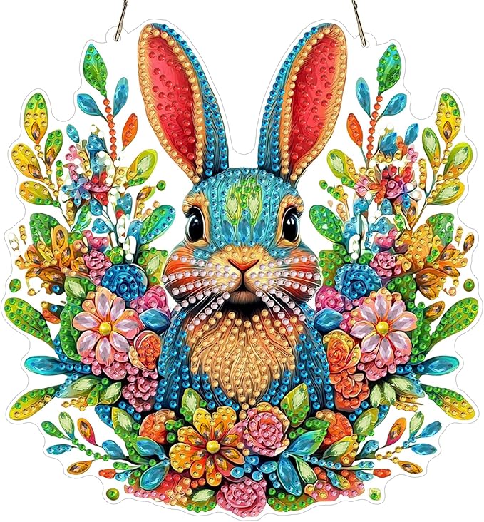 RICUVED Easter Diamond Art Hanging Kit for Adult, Rabbit Special Shaped Diamond Painting Pendant Board Kit, 5D Art Suncatchers Double Sided Hanging Window Ornament for Home Garden Decor