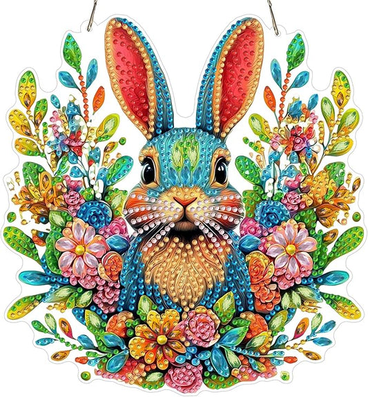 RICUVED Easter Diamond Art Hanging Kit for Adult, Rabbit Special Shaped Diamond Painting Pendant Board Kit, 5D Art Suncatchers Double Sided Hanging Window Ornament for Home Garden Decor