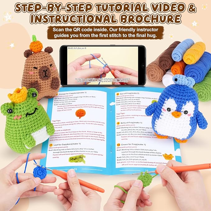 fortuning's jds crochet kit for beginners, crochet animal kit includes penguin, capybara & frog, complete starter kit for adult, diy craft crochet kits, easy knitting kit christmas gifts