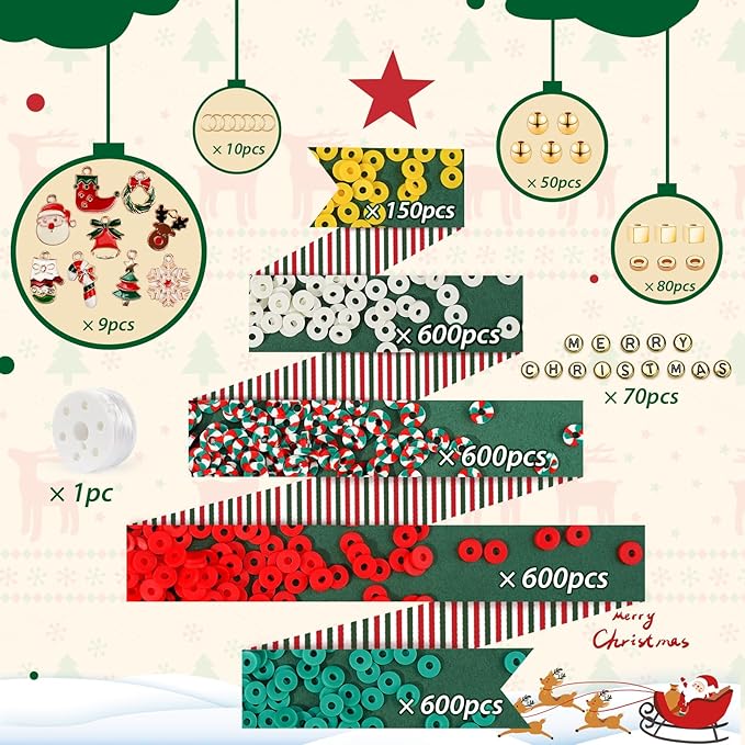 Gionlion Christmas Beads for Bracelets, Clay Beads Bracelat Making kit Golden Beads Christmas Crafts Stocking Stuffers Decorations Charms for Jewelry Making, DIY Crafts Gifts