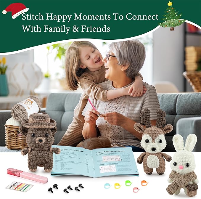 DoodleTwyst Amigurumi Crochet Kit – DIY Crochet Kit with Yarn & Tools – Fun Crochet Kits for Adults to Make Bear, Bunny & Reindeer Stuffed Animals