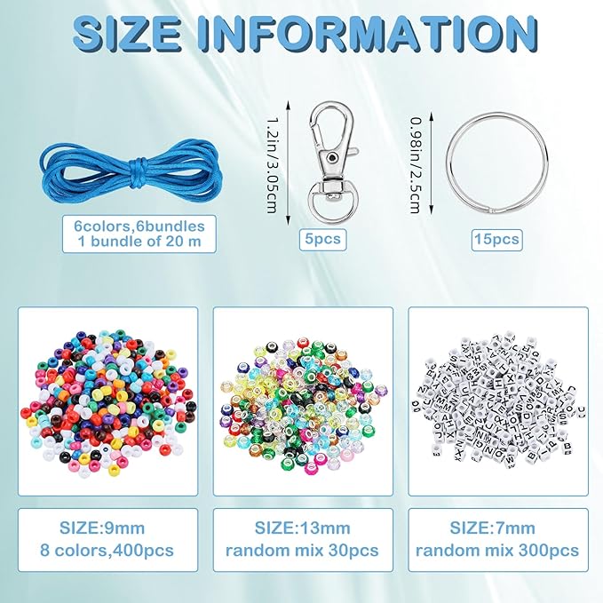 BEEFLYING 750 Pcs DIY Bead Keychain Kit Key Chain Making Crafts Letter Beads Strings Adjustable Alphabet Key Ring Jewelry Backpack Accessories Holiday Party Festival Favor Gift (Mixed Colors)