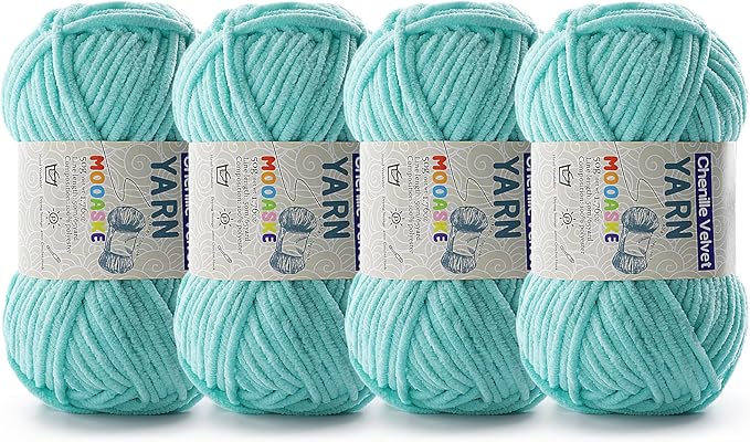 4 Pac Chenille Yarn for Crocheting - Blanket Yarn for Crocheting - Fluffy Yarn for Crochet, Baby Yarn for Crocheting Soft Blankets Weight Per Roll 50g/1.76oz, Length 60m/65yard (Aqua Green)