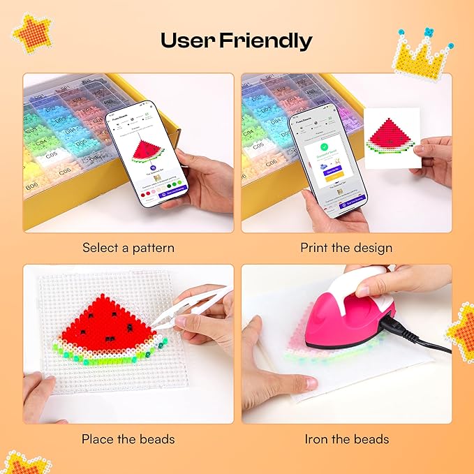 Caydo Fuse Beads Kit with Pattern-Generating App, 10500PCS 36 Colors 5mm Beads for Beginners with Pegboardx, Ironing Paper, Tweezers & Keychain Accessories for 5+Girls Home & School Projects, Gift