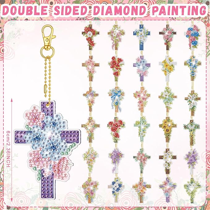 Huquary 30 Pcs Easter Diamond Art Keychains Cross Flower Diamond Painting Keychain Kits for Aldults Double Sided 5d Rhinestones Christian Hanging Key Chains for Beginners DIY Crafts Spring Party Gift
